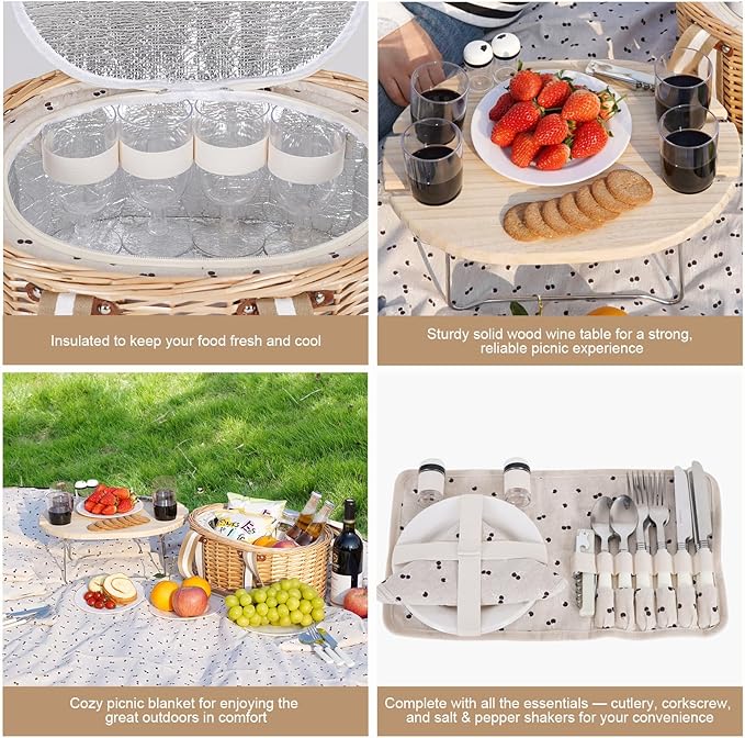 Picnic Basket Set for 4 - Wicker Insulated Picnic Basket with Waterproof Blanket, Folding Wine Picnic Table & Cutlery Kits, Picnic Baskets Kit for Camping, Outdoor, Valentine (Cherry)