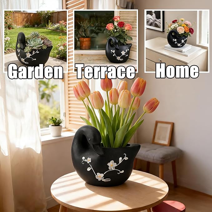 Teaeeno Decorative Garden Swan Planters Succulent Pots Indoor Unique Flower Plant Pots Cement Swan Decor Home Garden Balcony Decor (Black)