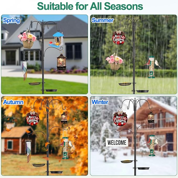 6-Hook Bird Feeding Station Kit,103 Inch Heavy Duty Shepherds Hooks for Outdoor,Adjustable Height Bird Feeder Pole with Mental Tray and Water Bowl,Attracting Wildbirds