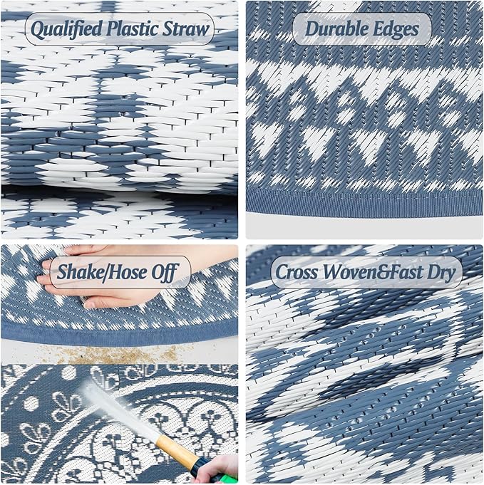 Cekene Round Outdoor Patio Rugs 8Ft Waterproof Reversible Outdoor Rugs with Carry Bags Lightweight Plastic Straw Rugs Portable RV Camping Mat Blue Floor Carpet for Deck Porch Picnic BBQ