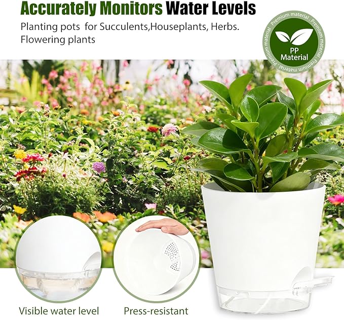Plant Pots 4/5/5.5/6/6.5/7 Inch Self Watering Pots, 6 Pack Plastic Planters with Drainage Holes and Clear Saucers,Plastic Flower Pots,Nursery Planting Pot for Indoor Out Door Plants(White)