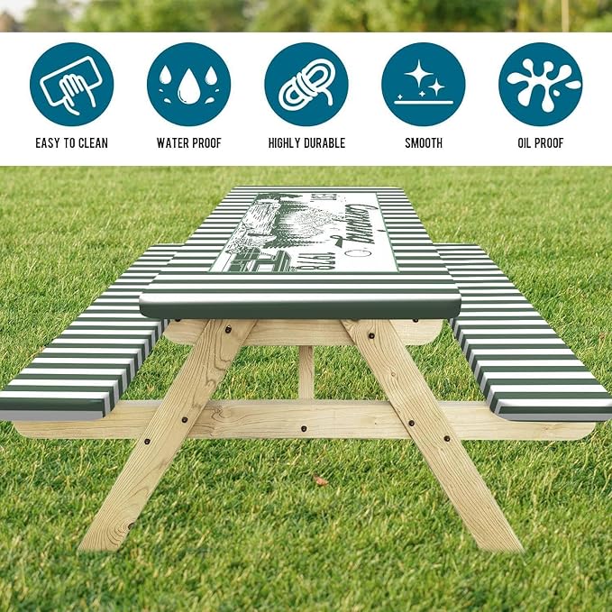 3PCS Picnic Table Cover with Bench Covers Green Stripe Bear Pattern Camping Tablecloth Fitted Picnic Picnic Table Cover with Elastic Windproof Waterproof, Outdoor Camping Accessories 60IN