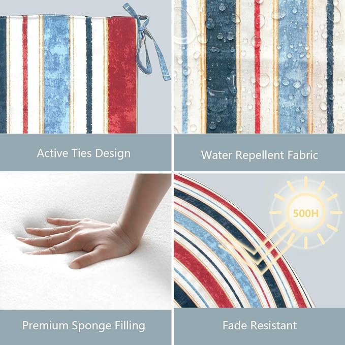 LVTXIII Outdoor Chair Cushions, Fade-Resistant Patio Furniture Cushions Outdoor Chair Pads with Ties for Dining Chairs and Garden Furniture Use, 18.5"x16"x2" 2 Pack, Stripe Red Blue