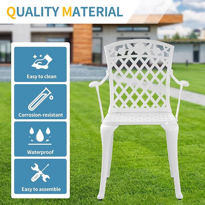 Sturdy Patio Chairs Cast Aluminum Outdoor Dining Chairs with Armrest, Outdoor Bistro Seating Chair for Garden, Backyard - 2 Pack, White