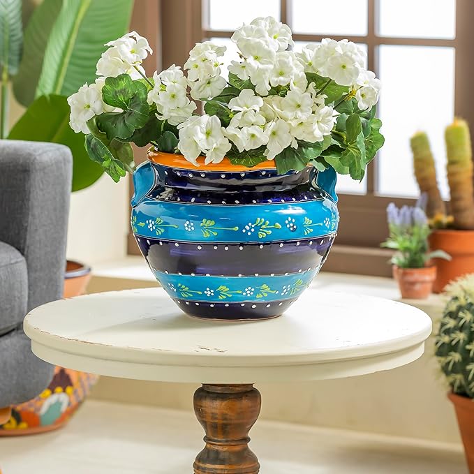 Evergreen Garden Talavera Mexican Pottery Ceramic Chata | Flower Pot Plant Succulent | Indoor Outdoor (12 in. Blue Striped)