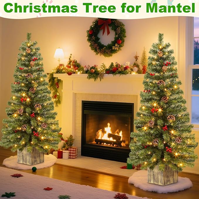 2 Pack 4 Ft Artificial Christmas Entrance Tree in Fake Wooden Box Base with 60 LEDs Warm White Light Timer Waterproof Battery Box Operated 140 Branches 14 Pinecone 12 Berries Xmas Decor for Door Porch