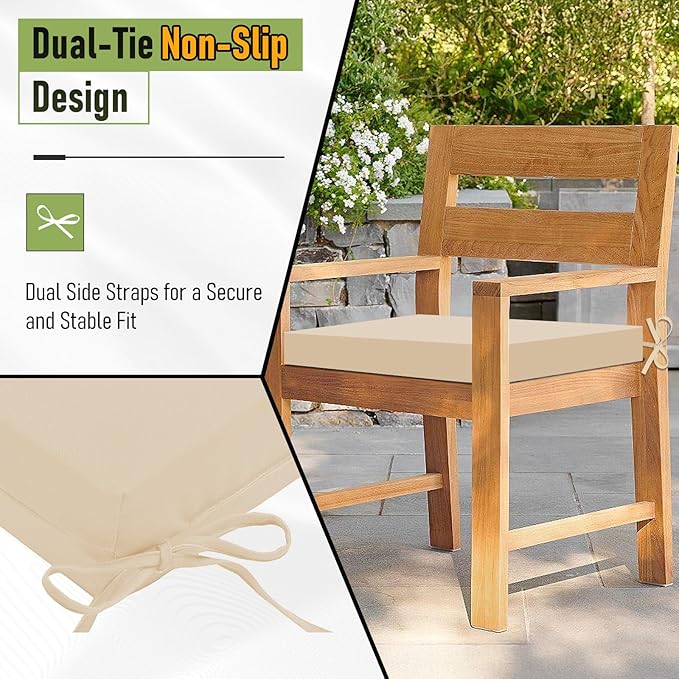 Basic Beyond Outdoor Chair Cushions Set of 6, Square Corner Outdoor Cushions for Patio Furniture, Water Resistant Patio Chair Cushions with 2 Ties, 18.5x16x3, Beige