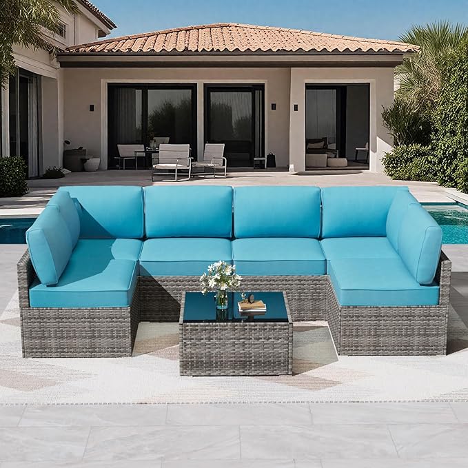 Patio Cushions for Outdoor Furniture,Water-Resistant Outdoor Cushions for 6 Seat Outdoor Sectinal,25.3"×25.3" Deep Seat Sofa Cushions, 14-Piece Outdoor Couch Cushions,Lake Blue