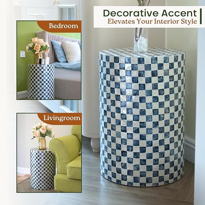 19.7” Checkered Capiz Shells Drum End Table, Decorative Cylinder Side Table & Garden Stool, Round Pedestal Accent Table for Living Room, Bedroom, Indoor & Outdoor (Navy Blue)