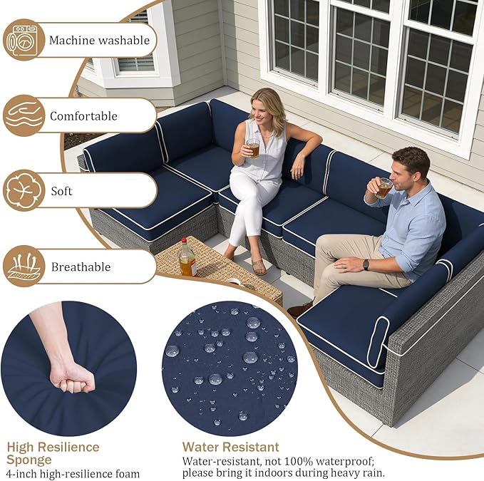 14 Pcs Outdoor Replacement Cushions for Patio Furniture, All Weather Water Resistant Cushion for 6 Seat Rattan Wicker Sectional Patio Conversation Sets and Couch Navy Blue(White Piping)