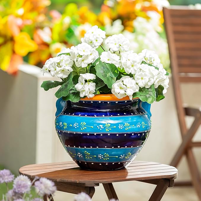 Evergreen Garden Talavera Mexican Pottery Ceramic Chata | Flower Pot Plant Succulent | Indoor Outdoor (12 in. Blue Striped)