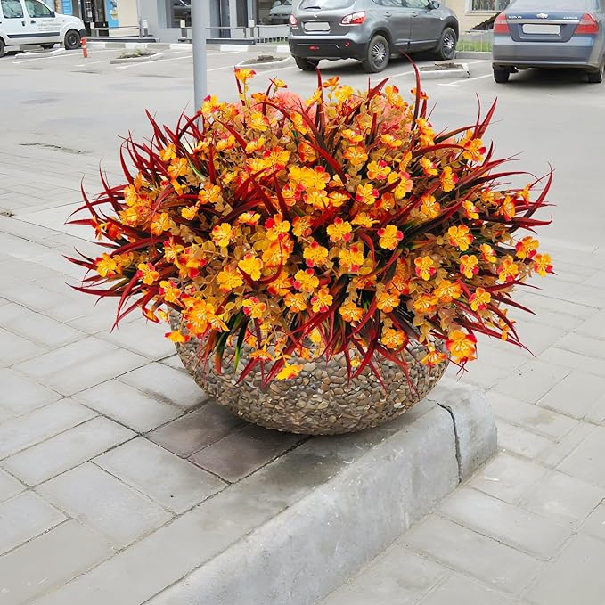 Artificial Fall Flowers Faux Mums, Autumn Outdoor Indoor Decor, Fake Daisy Plants with Eucalyptus Leaves Grass, Orange Flowers UV Resistant Greenery for Porch Patio Boxwood Home Garden, 12PCS