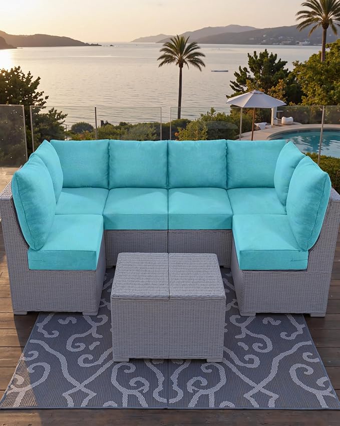 Luxury 24x24x6 Outdoor Corner Cushion 1 Set - Water-Repellent 3-Piece Cushion Set with Zipper for Outside Wicker Sofa Loveseat Chair Sectional Patio Conversation Sets - Turquoise/Classic
