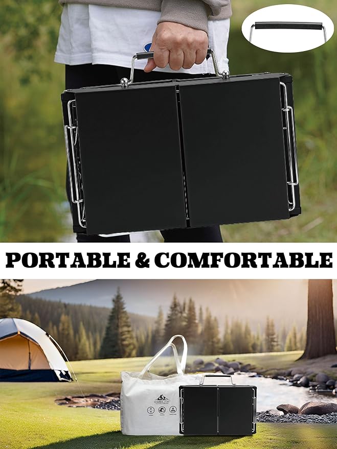 Charmline 14x9inch Foldable Portable Grill Charcoal, Compact Portable Grill for Outdoor Use, Desktop Charcoal Grill, BBQ Grills for Camping, Picnics, Gardens and Beach Parties, Black