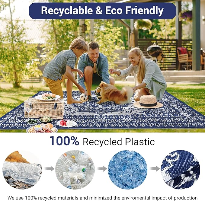 COZYLOOM 8x10 Outdoor Rug Waterproof Reversible Plastic Straw Mat, Large Dark Blue and White Vintage Medallion Patio Area Rug for Deck, Balcony, Camping, Beach, Picnic, Indoor/Outdoor Use