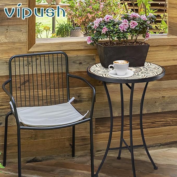 Vipush Mosaic Outdoor Side Table, 14" Round Folding Plant Stand for Patio Garden Backyard Balcony Porch Indoor Accent End Table for Living Room, Ceramic Tabletop with Black Iron, Melard