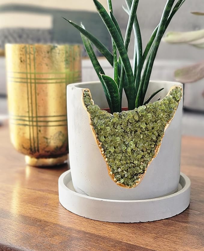 4 Inch Crystal Plant Pot with Saucer - Cement Geode Planter - Concrete Pots for Plants - Modern Succulent Pot Indoor - Unique Air Plant Holder - Candle Holder - Small Plant Home Decor (Green Peridot)