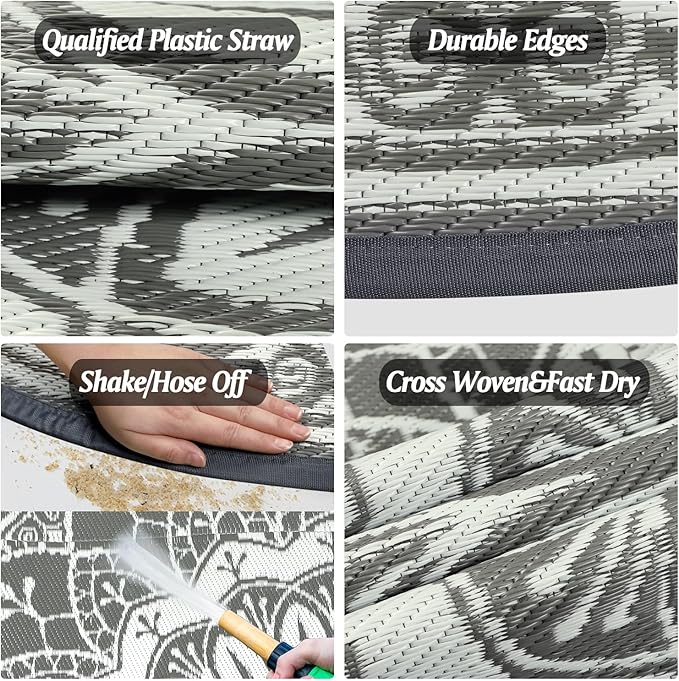 Cekene Round Outdoor Rugs for Patio 6Ft Waterproof Reversible Outdoor Patio Rugs Grey Lightweight Plastic Straw Rugs Portable RV Camping Mat Floor Carpet for Deck Porch Picnic BBQ