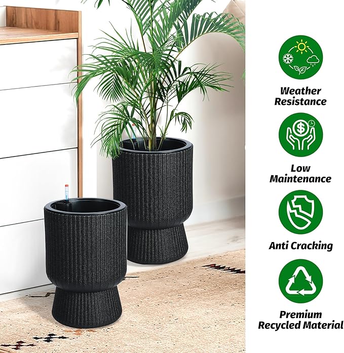 14.2" Tall Planters Set of 2, Large Indoor/Outdoor Self-Watering Plant Pots with Drainage, Water Level Monitor & Wheels, Flower Pots for Patio, Porch, Living Room, Home Office