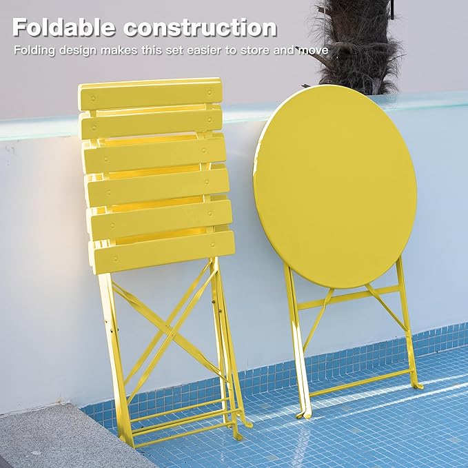 3 Piece Bistro Set, Folding Patio Furniture Set, Outdoor Table and Chairs Set for Patio, Garden, Balcony and Poolside, Yellow