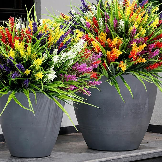 Geegoods Artificial Plants Flowers Outdoor – 24 Bundles UV Resistant Faux Lavender Flowers with Monkey Grass for Garden Porch Window Patio Hanging Planter Decor