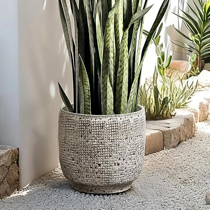 LuxenHome 12" Dia Large Ceramic Pots for Plants, Modern Gray Grid-Pattern Glazed Ceramic Planters Pots for Outdoor Plants with Drainage Hole and Plug, Round Indoor Flower Pot for Home Garden Patio