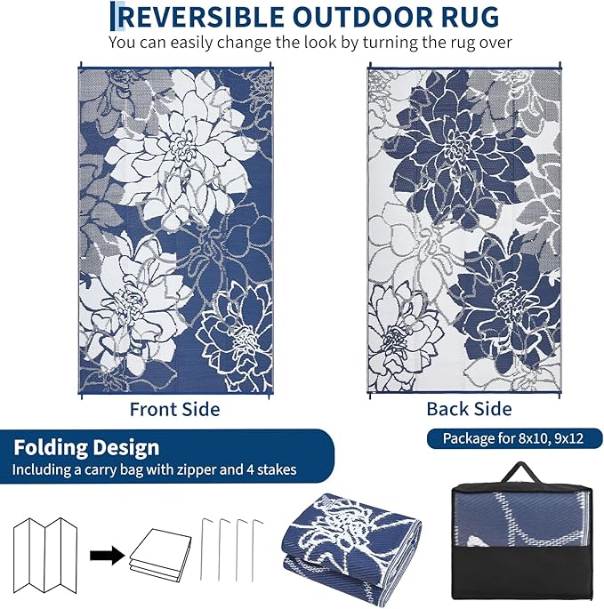 COZYLOOM Outdoor Rug 8x10 Patio Rugs Waterproof Plastic Straw Rug Reversible UV Resistant Camping Mat, Foldable Lightweight RV Picnic Mat with Portable Bag, Modern Floral Outdoor Carpet for Yard, Navy