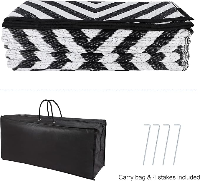 Reversible Mats, Outdoor Patio Rugs, Plastic Straw Rug, Modern Area Rug, Floor Mat for Outdoors, RV, Patio, Backyard, Deck, Picnic, Beach, Trailer, Camping (Diamond Black & White, 9' x 12')