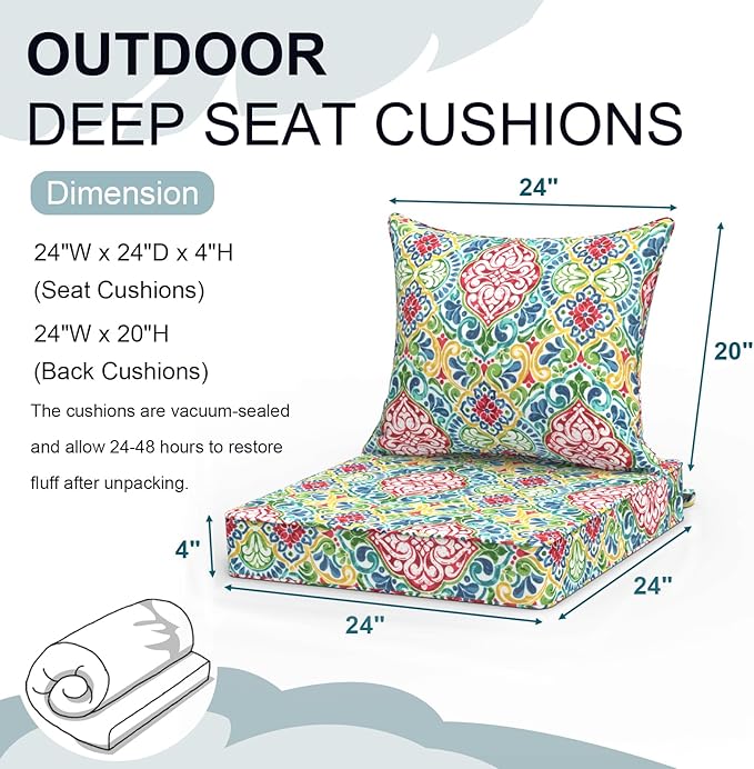 Outdoor Deep Seat Cushion Set, Water Repellent 24"x24" Patio Thick Cushions Replacement with Seat & Back Pillow for Patio Sofa, Wicker Chair, Couch - Damask Red