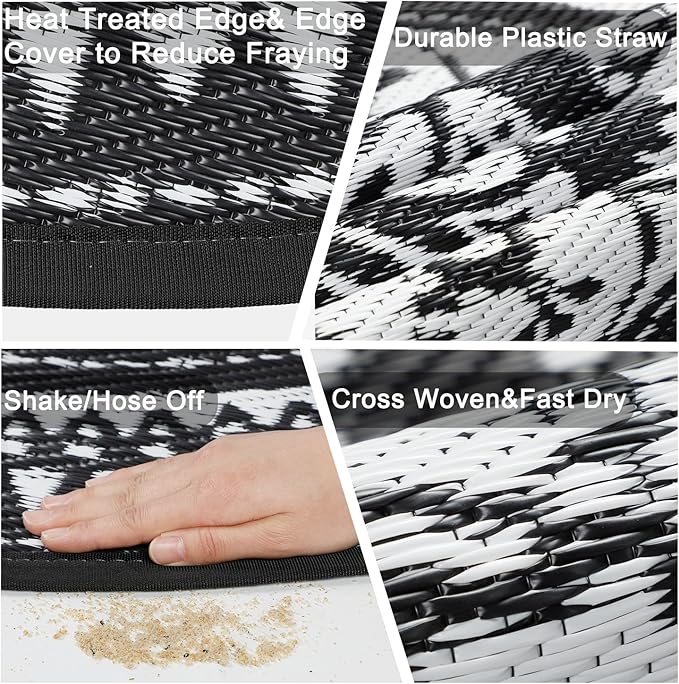 Cekene Round Outdoor Rugs Waterproof 5Ft Reversible Outdoor Patio Rugs Lightweight Plastic Straw Rugs Portable RV Camping Mat Floor Carpet for Deck Porch Picnic, Black and White