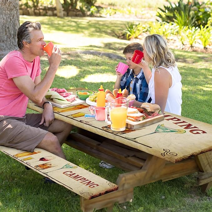 Picnic Table Cover with Bench Covers Elastic Edges, Vintage Camper Fitted Table Cover, Outdoor Camping Essentials 72 Inch 3PCS, Waterproof Camping Fitted Tablecloth with Drawstring Bag