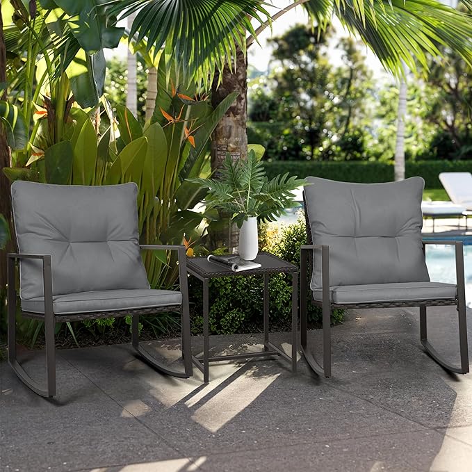 SUNCROWN 3 Piece Outdoor Rocking Bistro Set Black Wicker Furniture Porch Chairs Conversation Sets with Glass Coffee Table, Dark Grey