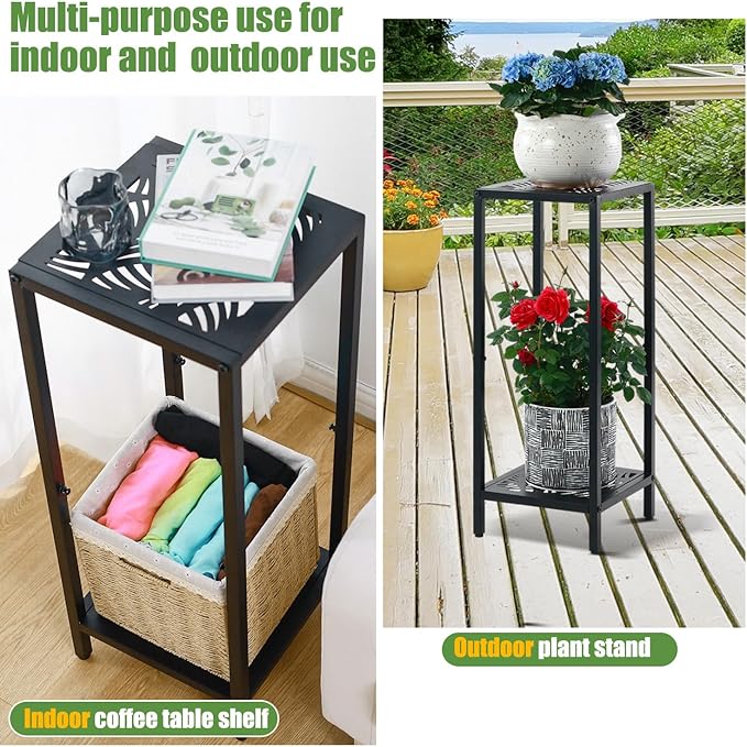 2 Packs of 2-Tier Tall Metal Square Plant Stand 31” Heavy-Duty Modern Flower Pot Rack for Indoor Living Room, Corner Side Table for Outdoor Patio, Garden Planter Holder, Black, Leaf