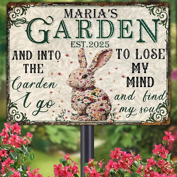Custom Garden Signs Personalized Metal Tin Sign for Women, Retro Funny Rabbit Metal Sign for Outdoor, Patio, Yard Rustic Home Decor Gift for Mothers Day, Grandmas, and Gardening Lovers