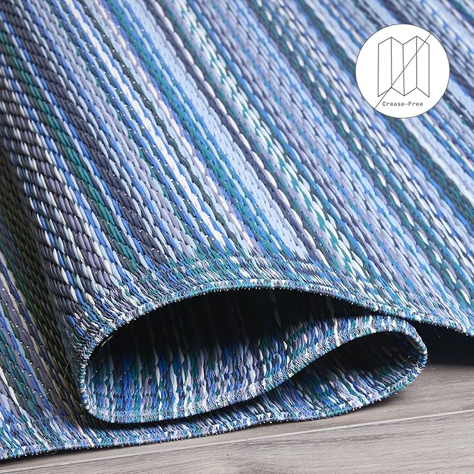 Fab Habitat Striped Outdoor Rug - Waterproof, Fade Resistant, Crease-Free, Reversible - Premium Recycled Plastic - Patio Porch Balcony Deck - Cancun Indigo - 8x10 ft