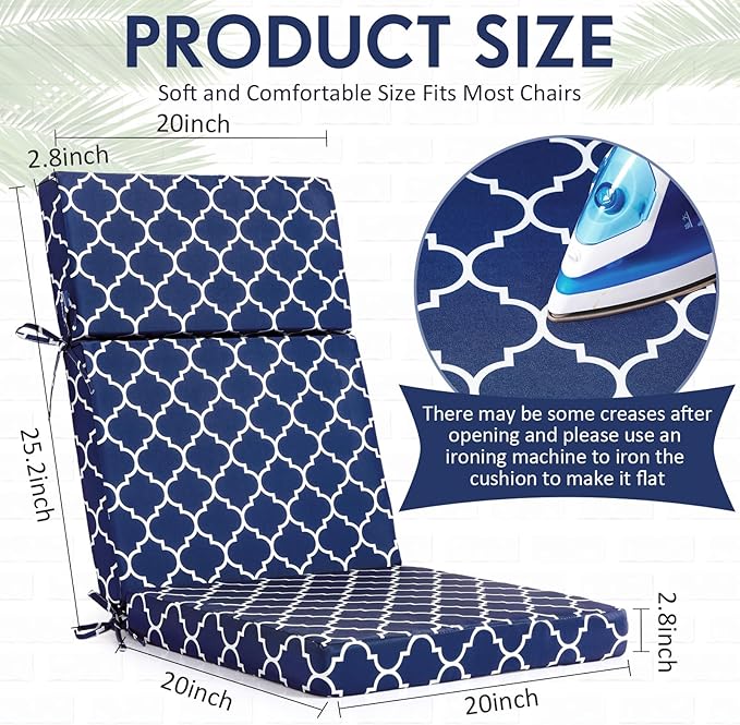 4 Pack Outdoor High Back Chair Cushion, 44 x 20 inches Patio Chair Cushions Waterproof Rocking Cushions Indoor Furniture Seat Pad, Weather Resistant (Moroccan,Blue)