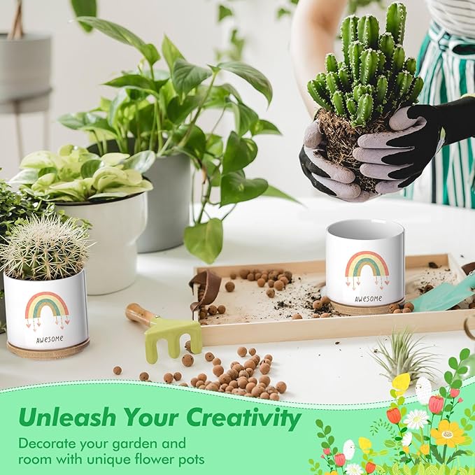 6 Pcs Sublimation Flower Pot Blanks Mini 2.95 in Garden Ceramic Succulent Planter Pot with Bamboo Tray with Drainage Hole Thank You Gift for Christmas Thanksgiving Day Plant Lover Women