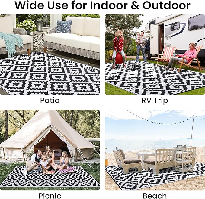 Smiry Waterproof Outdoor Rug 10X14 ft, Reversible Plastic Straw Patio Camping Rugs, Outdoor Indoor RV Mat Carpet for Patio, Outside Entry, Backyard, Deck, Bench, Picnic, Camper, Black & White