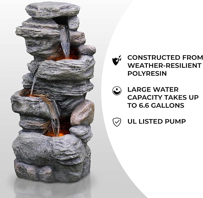 Teamson Home 39.37 in. Outdoor Faux Stacked Stone 4-Tier Water Fountain with LED Lights and Pump, Gray
