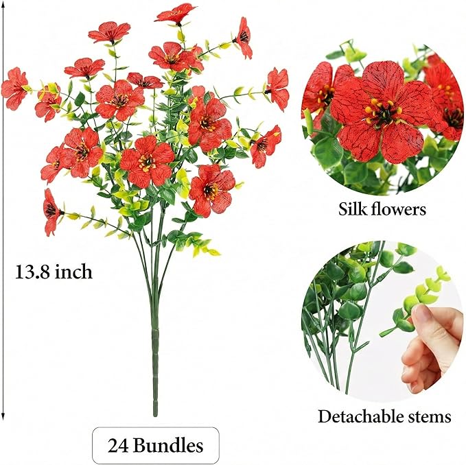 Artificial Flowers Outdoor Faux Plants UV Resistant Fake Patio Flowers Plastic Greenery Plnats Outside Bulk for Spring Garden Hanging Planter Home Vase Decor, 24 Bundles (Red)