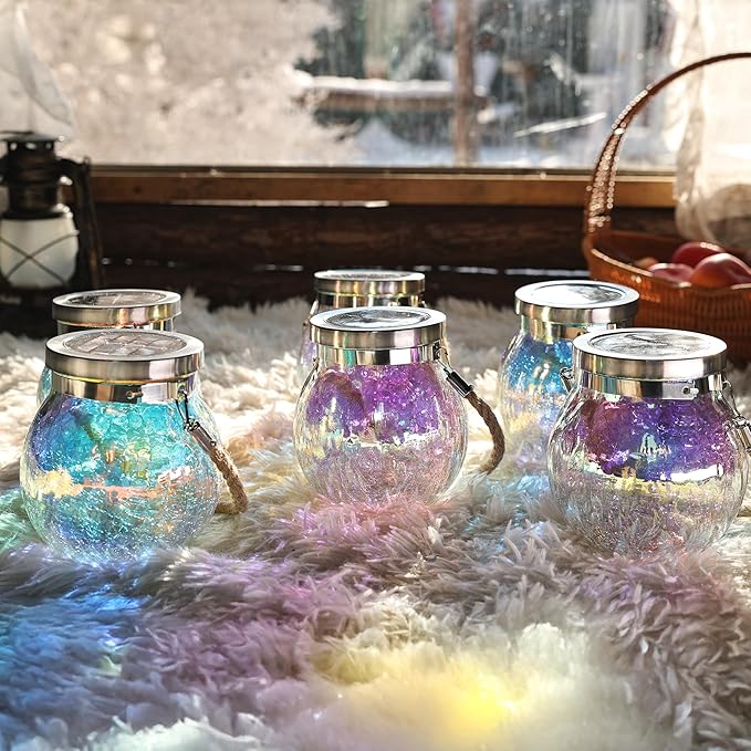 Cooo 2 Pack Valentines Day Gifts for Him Her Solar Lanterns Waterproof Outdoor Iridescent Heavy Crackle Glass LED Stainless Steel Lid for Women Mom Grandma Outdoor Table Lamps Garden Backyard Decor