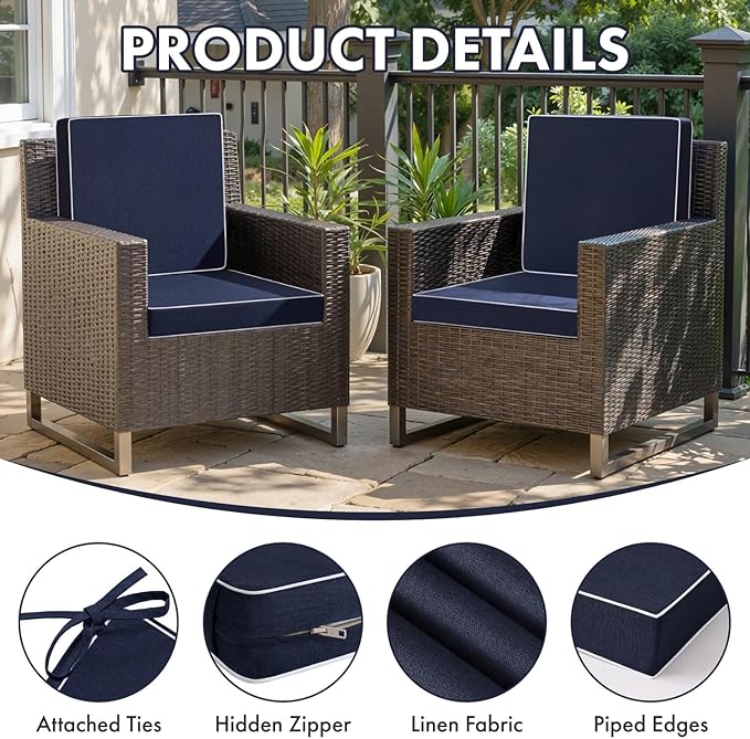 MIULEE Navy Outdoor Chair Cushions Set of 4, 17x16x2 Inch Waterproof Patio Seat Cushions for Outdoor Furniture Couch Sofa, 3 Year Color Fastness High Density Foam with Adjustable Ties