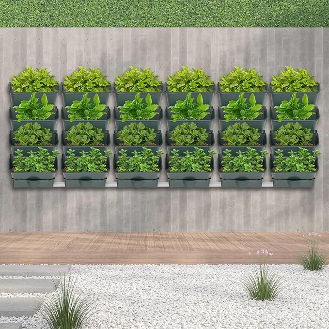 Vertical Wall Planter with 24 Pots, Hanging Garden Plant Flowerpot Holder, Stackable Wall-Mounted Planter, Balcony Planters for Flowers Vegetables Fruits (Army Green, 24 Pots+6 Drainage Planters&Pipe)