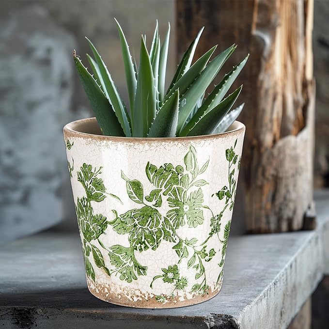 Farmhouse Ceramic Planter 5.5 Inch Large Plants Pot Ice Crack Beige Green Flowers Plant Pots with Drainage Hole Indoor Plants Kitchen Rustic Antique Decor Gift