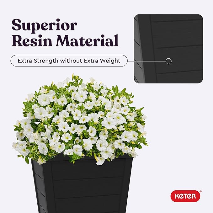 Keter Set of 2 Resin Modern Outdoor 22 Inch Tall Large Flower Pots, Tapered Wood Look Planters for Outdoor Plants and Front Porch Decor, Graphite