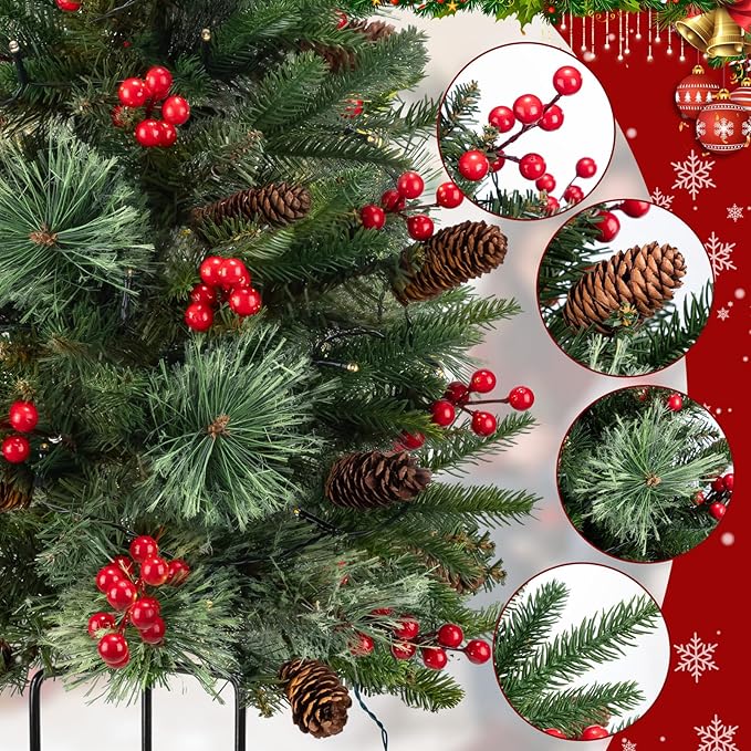 2 Set 20.5 In Christmas Urn Filler for Outdoor Planters, Lighted Artificial Christmas Tree Urn Filler with Cones & Red Berries, Holiday Xmas Pot Fillers Planter Decor for Pathway Porch Yard Decoration