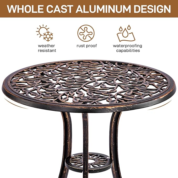 Outvita Patio Table and Chairs Set, Cast Aluminum Outdoor Cafe Table and Chairs Set of 3, Stability Patio Bistro Sets for Garden, Patio, Balcony, Leaf Pattern Bronze