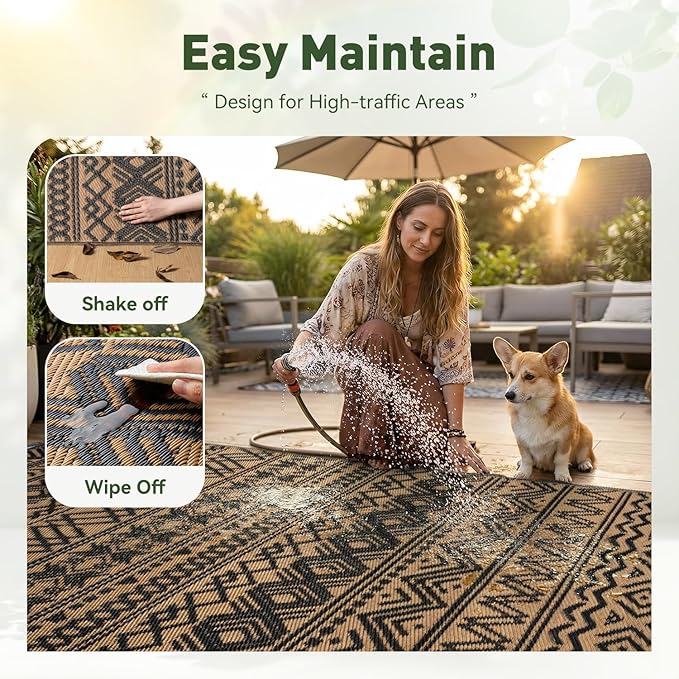 MontVoo Outdoor Rug Carpet Waterproof 6x9 Outdoor Patio Rug Mat Reverisble Plastic Straw Outdoor Rug for RV Camping Picnic Beach Balcony Boho Black Brown