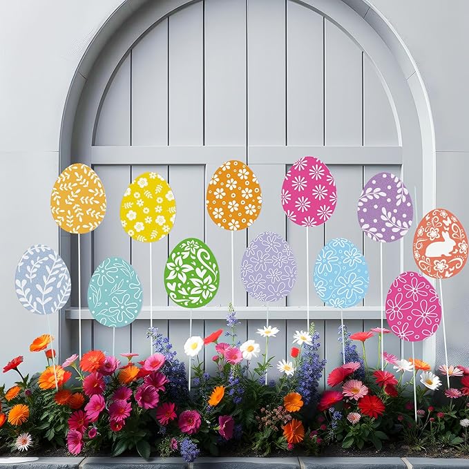 12 Pcs Colorful Easter Eggs Yard Signs with Stakes, Double Sided Easter Yard Stakes for Planter, Waterproof Cute Outdoor Decorations for Garden Lawn Patio Church Party Favor