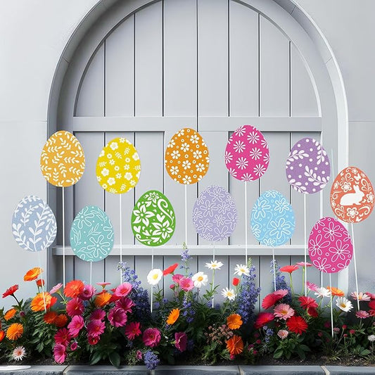 12 Pcs Colorful Easter Eggs Yard Signs with Stakes, Double Sided Easter Yard Stakes for Planter, Waterproof Cute Outdoor Decorations for Garden Lawn Patio Church Party Favor